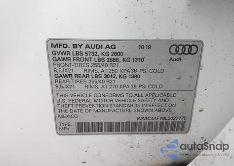 2020 Audi Sq5 Prestige Tfsi Quattro Tiptronic z USA, uszkodzony, nr VIN WA1C4AFY6L2027775